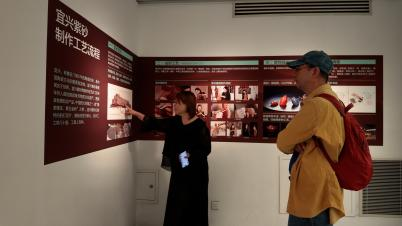 【图9】观众在“宜兴紫砂制作工艺流程”展板前参观
